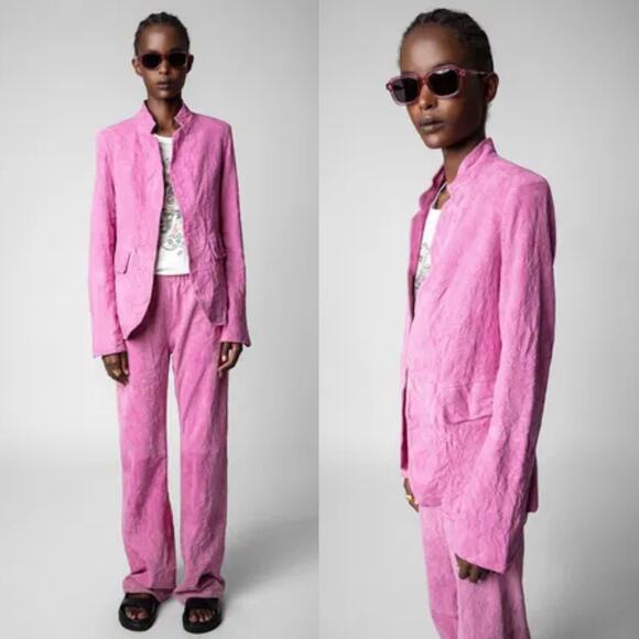 Zadig & Voltaire Very Daim Froisse Crinkled Suede Tulip Pink Blazer Jacket 34 XS - Picture 14 of 14